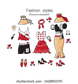 Fashion polka dot summer clothes collections. Paris fashion looks, pin up style.