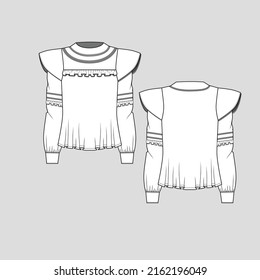 Fashion pom pom Top fancy frill with pom pom hem detail cap with long sleeve with cuff woven  blouse top t shirt clothing flat sketch technical drawing template design vector