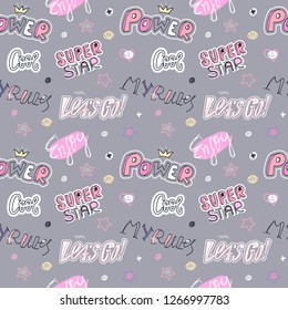 Fashion Pop Art sketch seamless pattern with heart, stickers, text, stars. Super star, Cool, my rules, power. Girlish Print design for T-shirts, banners, clothes, social media. Typography slogan. 