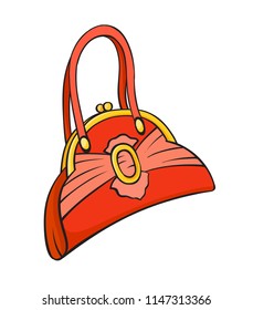 Fashion pop art style ladies red handbag decorated patch badge. Hand drawn vector sticker, pin, patch, illustration in cartoon 80s-90s comic style