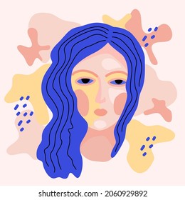 Fashion portrait of an abstract woman. Character concept. Long blue hair. Trendy vector flat Memphis illustration modern style. Contemporary poster.