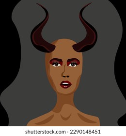 Fashion Portrait Afro Woman with horns. Black Lady Devil. Goat horns on the Woman head. Modern art with Female Portrait. Vector illustration.