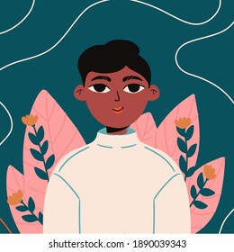 Fashion portrait of a Afroamerican girl with shortcut hair. Trendy colored poster or flyer.Fashion and beauty. Bright vector illustration in flat style. Avatar for a social network