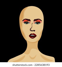 Fashion portrait Bald Woman isolated on black background. Baldheaded female portraiture. Vector illustration. Beauty baldy lady.