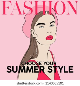 Fashion portrait beautiful young woman with brown hair in pink beret with pink lips sketch in style of magazine cover design. Hand drawn fashion girl. Sketch. Vector illustration. Style, beauty, woman