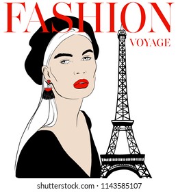 Fashion portrait beautiful young woman with black beret, red lips, earrings tassel sketch in style of magazine cover design. Hand drawn fashion girl With Eiffel Tower. Sketch. Vector illustration