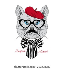 Fashion portrait of cat in stripy bow, french chic style