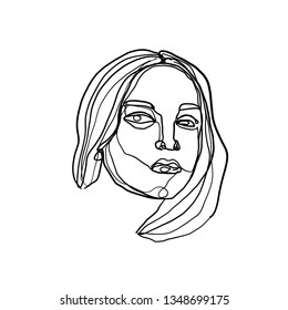 Fashion portrait continuous line woman or young girl in modern contemporary graphic style. Hand drawn vector illustration. 