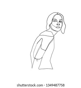 Fashion portrait continuous line woman or young girl in modern contemporary graphic style. Hand drawn vector illustration. 