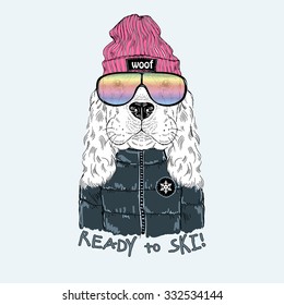 fashion portrait of cute dog cocker dressed up in skier style, hand drawn graphic, t-shirt print