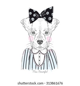 fashion portrait of cute hipster doggy girl, hand drawn graphic, t-shirt print