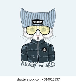 fashion portrait of cute kitty dressed up in skier style, hand drawn graphic, t-shirt print