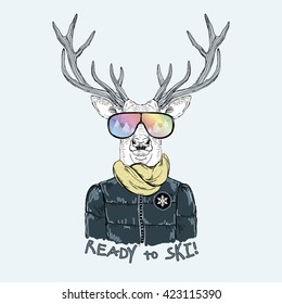 fashion portrait of deer dressed up in skier style, animal illustration