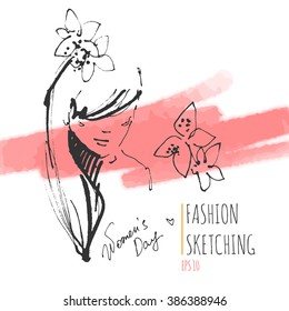 Fashion portrait drawing sketch. Vector illustration of a young woman face. Hand drawn fashion model face. Ink, pencil, watercolor.