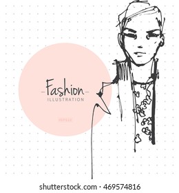 Fashion portrait drawing sketch. Vector illustration of a young woman. Hand drawn fashion model face. Ink, pencil, watercolor.