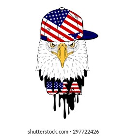 fashion portrait of eagle in cap with USA flag print, t-shirt print, animal poster