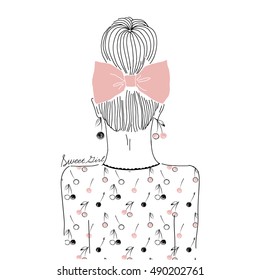fashion portrait of girl from back in patterned top