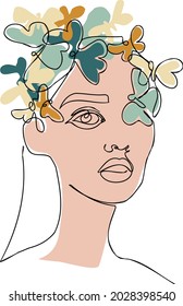 Fashion portrait of girl with butterflies. Line art vector