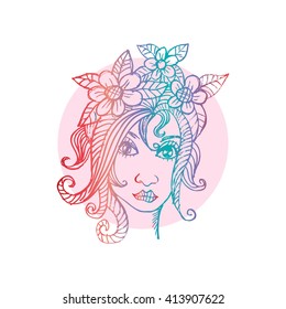 Fashion portrait girl. Doodle style.