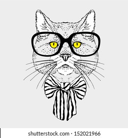 Fashion Portrait of Hipster Cat in Big Glasses and Striped Bow