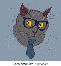 Fashion Portrait of Hipster Cat in Big Nerd Glasses and Striped Tie