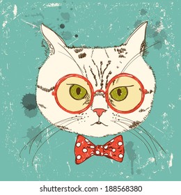 Fashion Portrait of Hipster Cat with glasses and bow