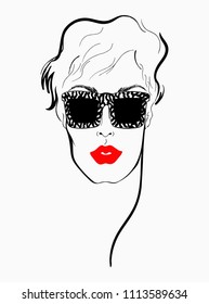 fashion portrait lineart illustration with red lips and black glasses. Vector illustration. EPS 8