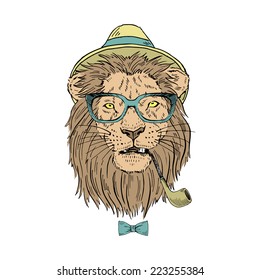 fashion portrait of lion in hat with smoking tube