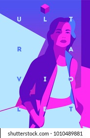Fashion portrait of a model girl and neon light. Ultraviolet trendy colors poster or flyer.