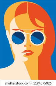 Fashion Portrait Of A Model Girl With Sunglasses. Retro Trendy Colors Poster Or Flyer.