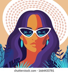 Fashion portrait of a model girl with sunglasses and in hat. Time to travel and summer holiday poster. Retro trendy colors poster or flyer illustration. Vector