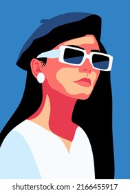 Fashion portrait of a model girl in sunglasses. Poster or flyer in trendy retro colors. Silhouette of multiethnic women. Communication and friendship women or girls of diverse cultures.