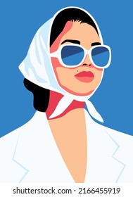 Fashion portrait of a model girl in sunglasses. Poster or flyer in trendy retro colors. Silhouette of multiethnic women. Communication and friendship women or girls of diverse cultures.