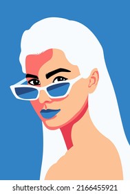 Fashion portrait of a model girl in sunglasses. Poster or flyer in trendy retro colors. Silhouette of multiethnic women. Communication and friendship women or girls of diverse cultures.