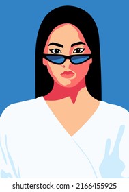 Fashion portrait of a model girl in sunglasses. Poster or flyer in trendy retro colors. Silhouette of multiethnic women. Communication and friendship women or girls of diverse cultures.