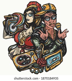 Fashion portrait of modern rap people. Hip hop girl and man. Old school music art. Swag lifestyle. Street break dance. Boom box, audio cassette. Musical tattoo and t-shirt design 