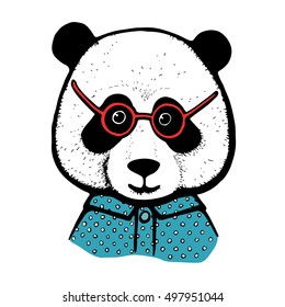 fashion portrait of panda boy in dotted blue top and red glasses. Vector Illustration of panda head. stock vector. Hand drawn panda bear character. Line art tattoo template.