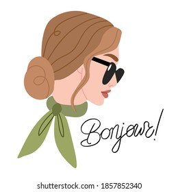 Fashion portrait of a Parisian woman with glasses and a scarf around her neck. Bonjour!