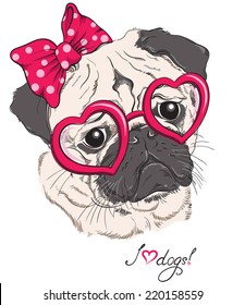 Fashion portrait of pug dog hipster in hearts glasses isolated on white. Vector hand drawn illustration