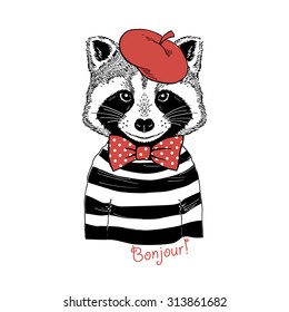 fashion portrait of raccoon dressed up in french chic style, hand drawn graphic, t-shirt print