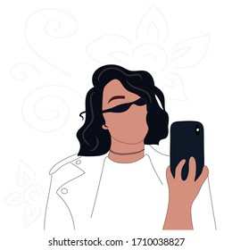 Fashion portrait.  Selfie on iPhone.  Youth illustration for fashionable girls.  Print on clothes.