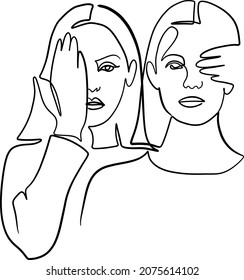 Fashion portrait of two girls. Line art vector