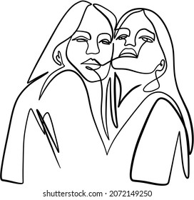 Fashion portrait of two sisters. Line art vector