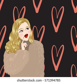 Fashion portrait, vector illustration, girl, make up, posing, hearts