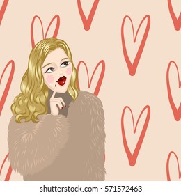 Fashion portrait, vector illustration, girl, face, make up, posing, hearts