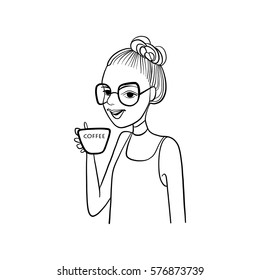 Fashion portrait, vector illustration, girl in glasses, girl drinks coffee, cup of coffee, hair style, make up 