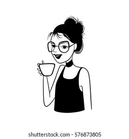 Fashion portrait, vector illustration, girl in glasses, drinks, cup, hair style, make up 