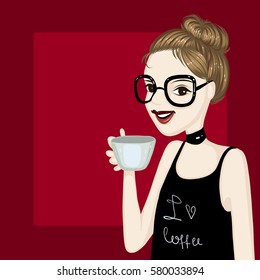 Fashion portrait, vector illustration, girl in glasses drinks, face, make up, smile, posing, cup