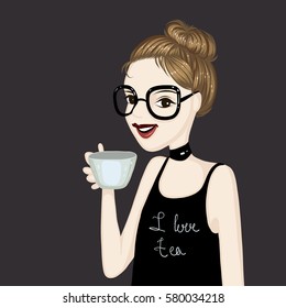 Fashion portrait, vector illustration, girl in glasses drinks, face, make up, smile, posing, cup