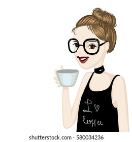 Fashion portrait, vector illustration, girl in glasses drinks, face, make up, smile, posing, cup